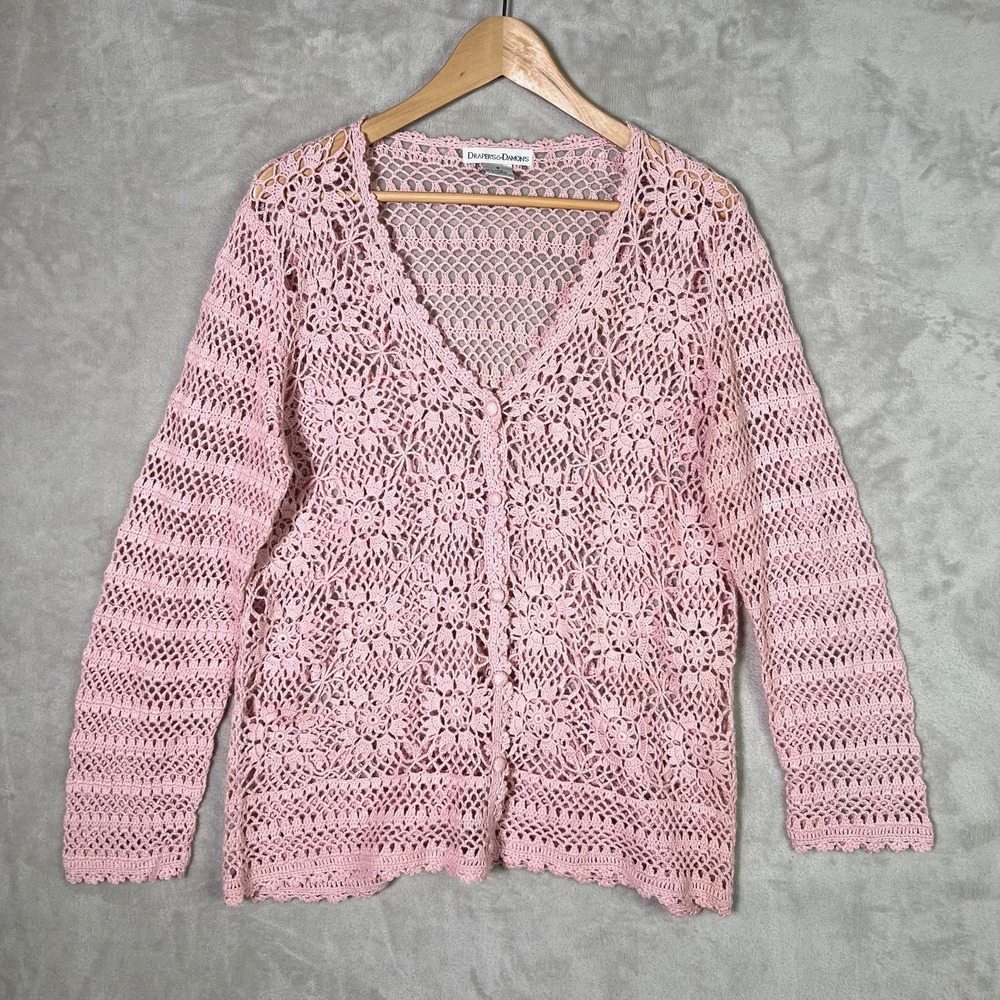 Vntg Draper's & Damon's Pink Floral Open Knit Crochet Button-Up Cardigan Sweater